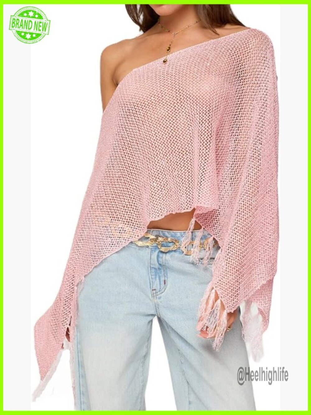 Sequin Knit Poncho Off Shoulder Sheer Beach Cover Up Fringe Hem